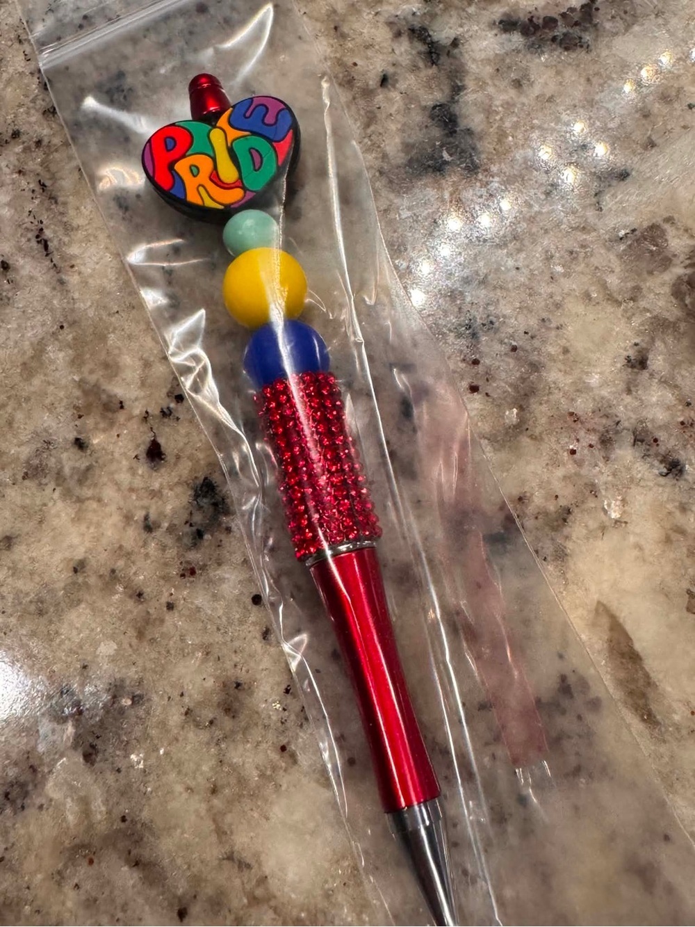 PRIDE Hand Crafted Red Metallic Beaded Pen with Multicolor Heart Topper